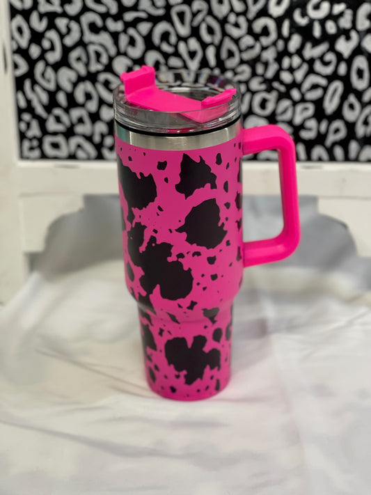 Pink and Black Cow Print Stanley DUPE 40 oz